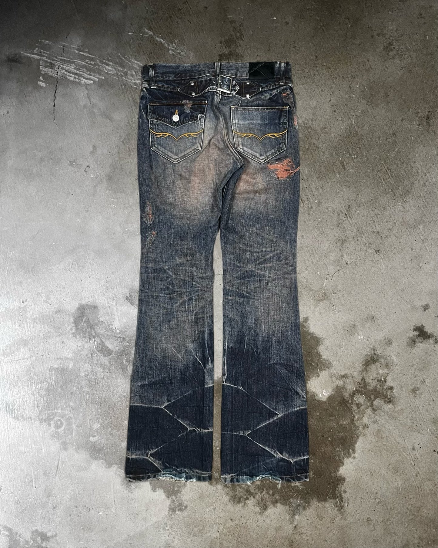 Fuga Distressed Back-Buckle Flared Jeans