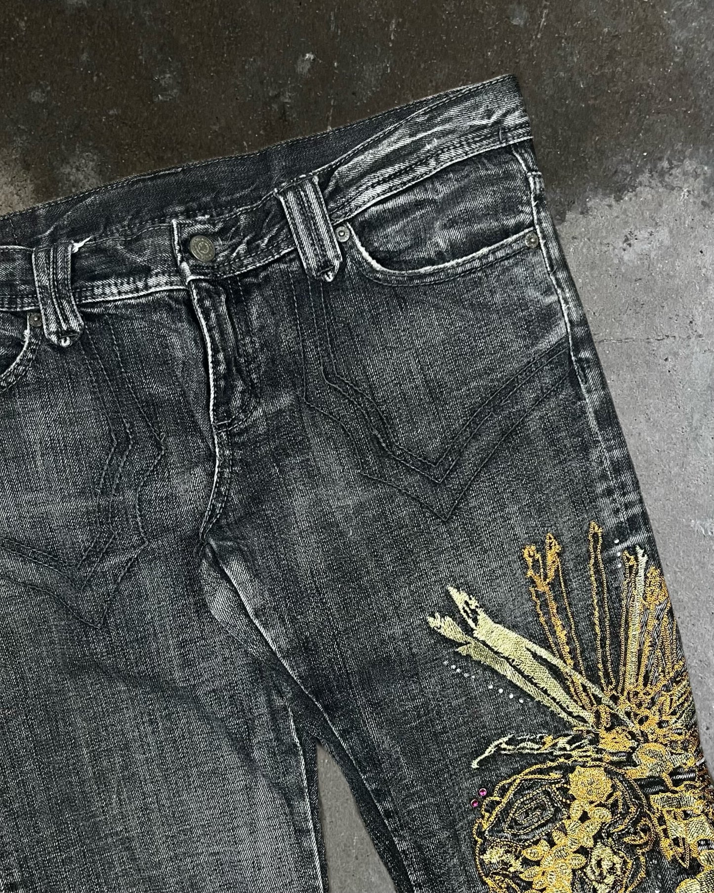 Tornado Mart Embroidered Jeans w/ Swarovski Crystals