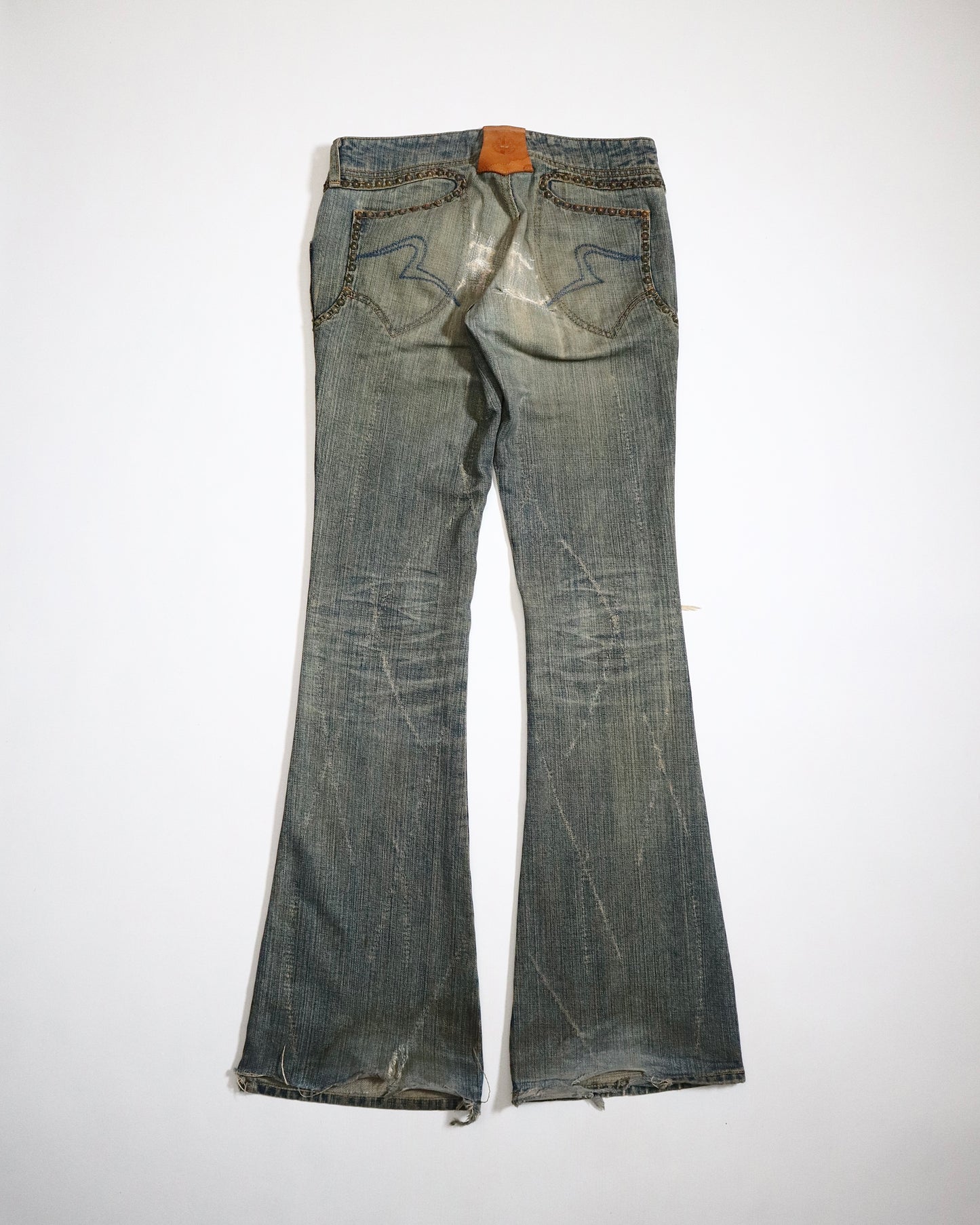 Obelisk Studded & Mud-Washed Bootcut Jeans