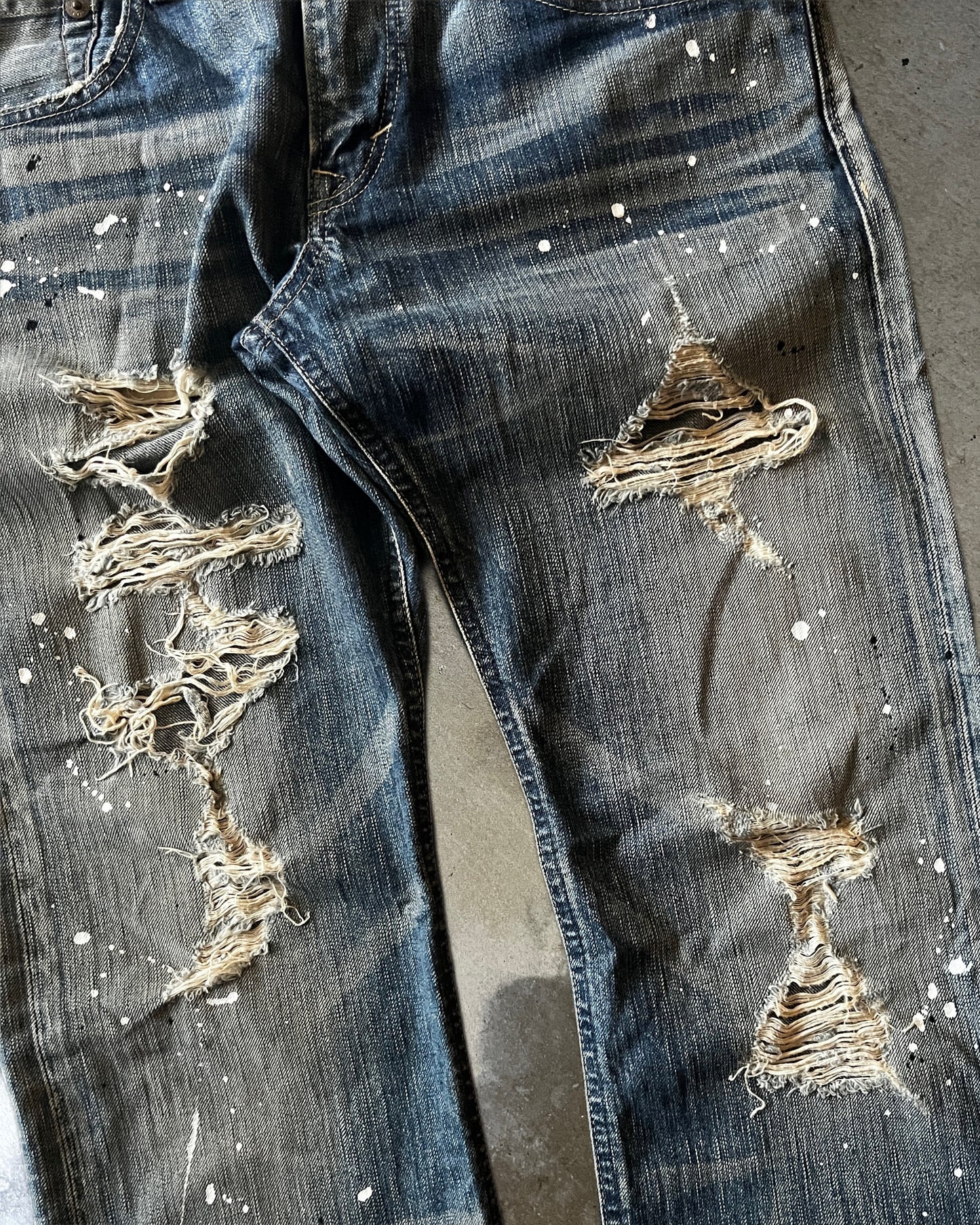 Blue Trip Distressed & Painted Flared Denim