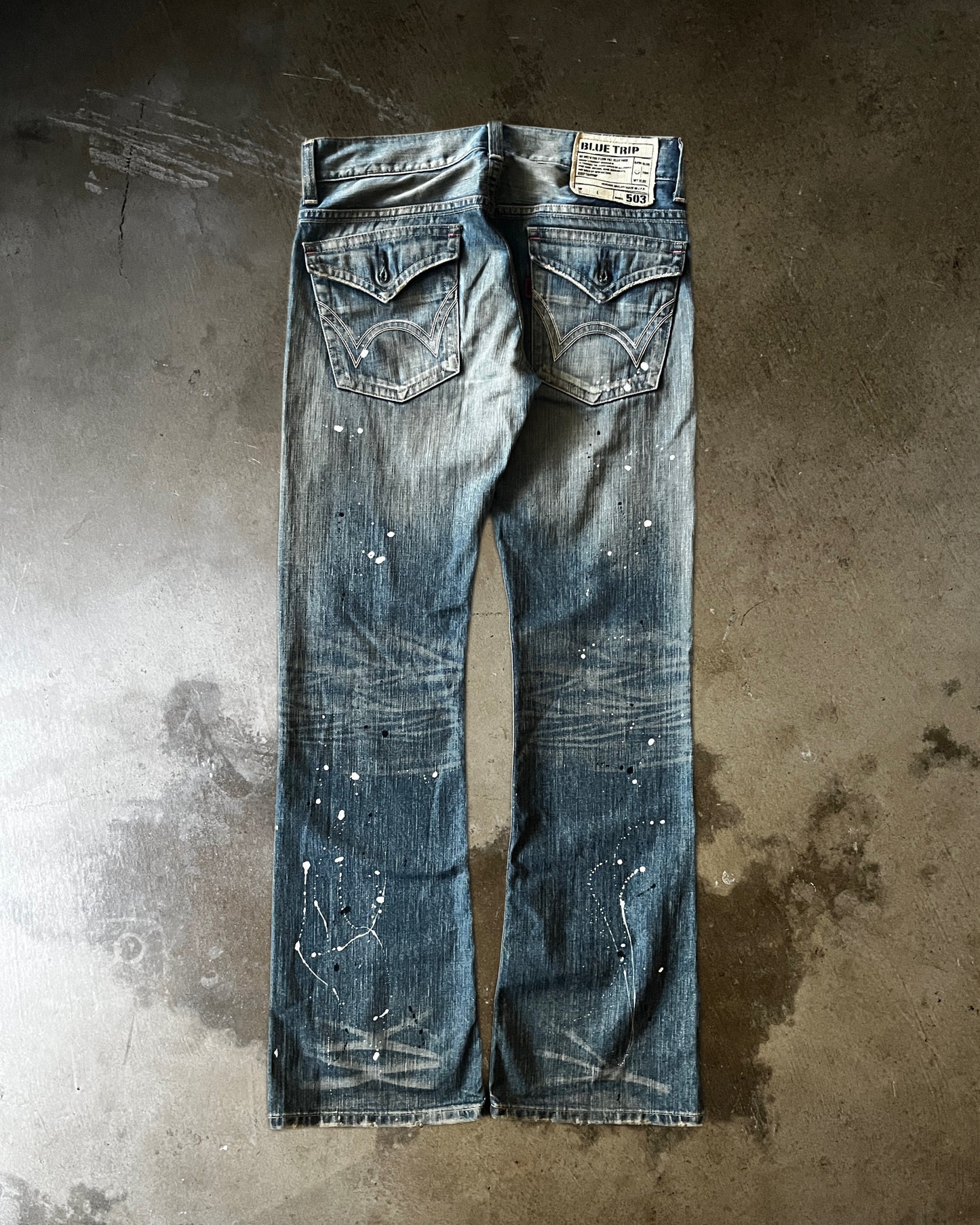 Blue Trip Distressed & Painted Flared Denim
