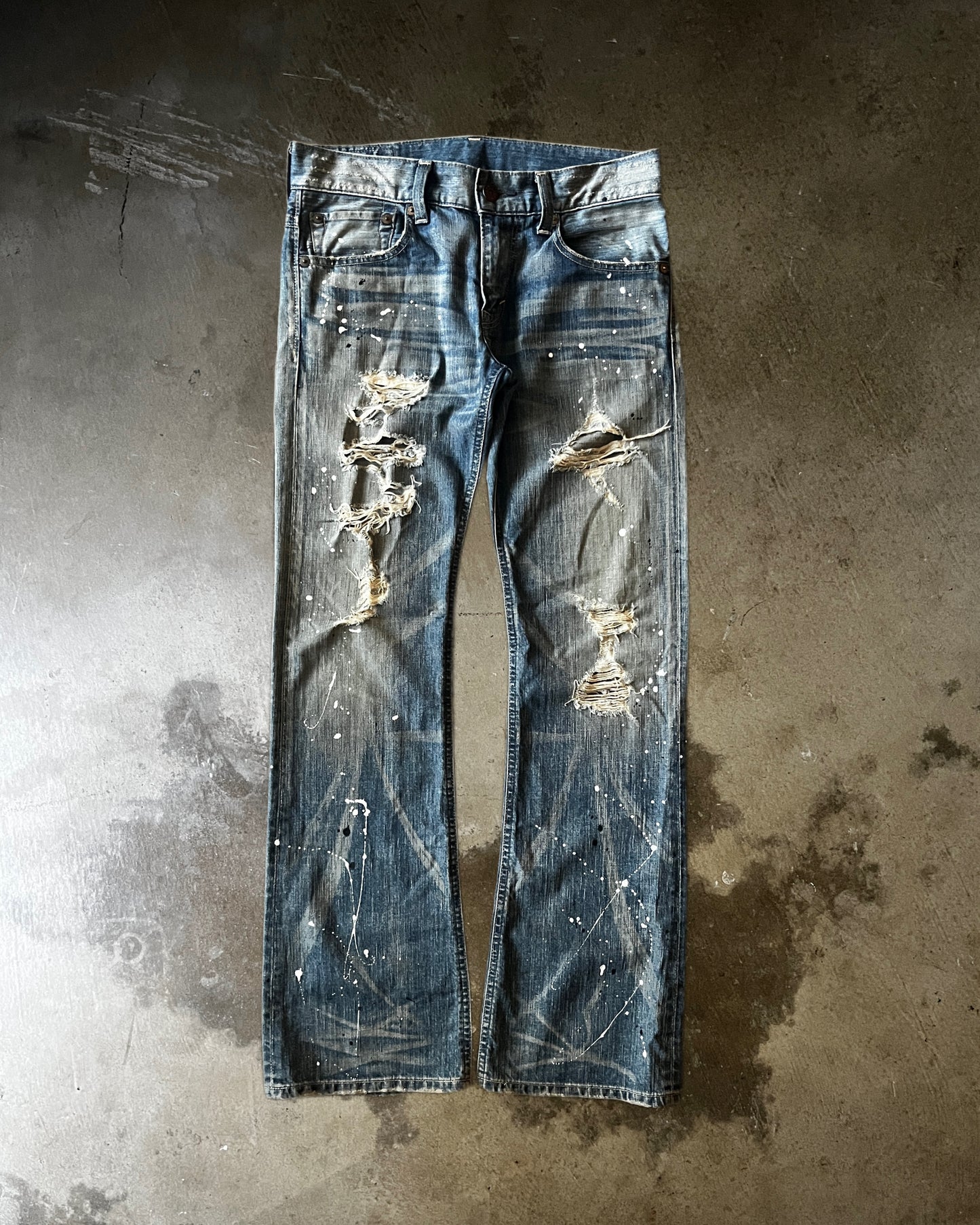 Blue Trip Distressed & Painted Flared Denim